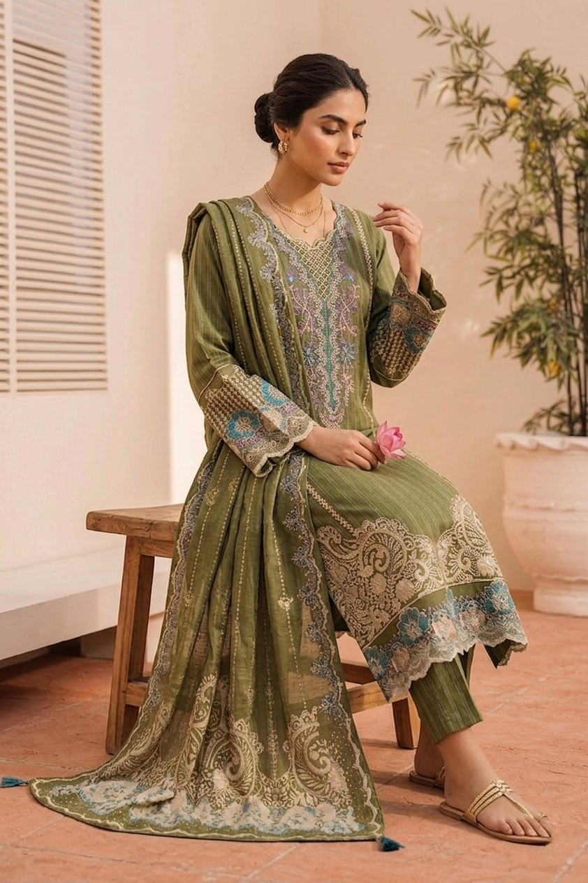 3 Piece Embroidered Festive Edit | Élan Olive