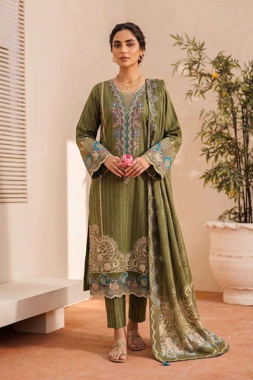 3 Piece Embroidered Festive Edit | Élan Olive